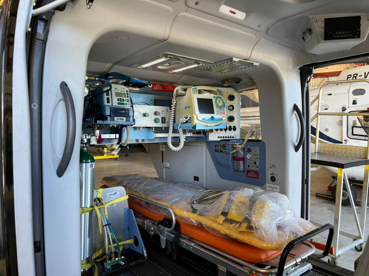 Helicopter medical interior with stretcher and monitoring equipment